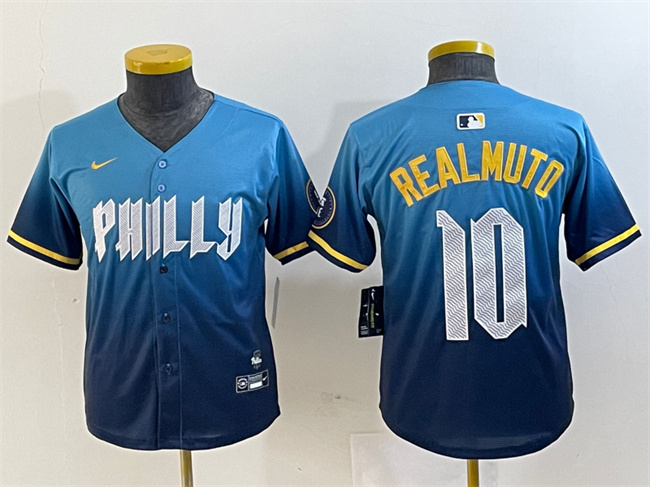 Youth Philadelphia Phillies #10 J.T. Realmuto Blue 2024 City Connect Limited Stitched Baseball Jersey Youth Philadelphia Phillies #10 J.T. Realmuto Blue 2024 City Connect Limited Stitched Baseball Jersey